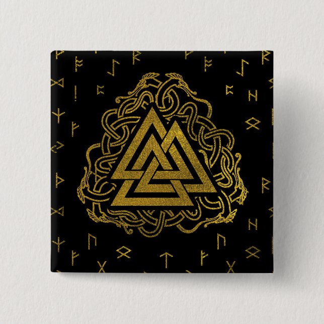 Gold Valknut Symbol on Runes Pattern 2 Inch Square Button (Front)