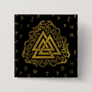 Gold Valknut Symbol on Runes Pattern 2 Inch Square Button