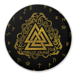 Gold Valknut Symbol on Runes Pattern Ceramic Knob