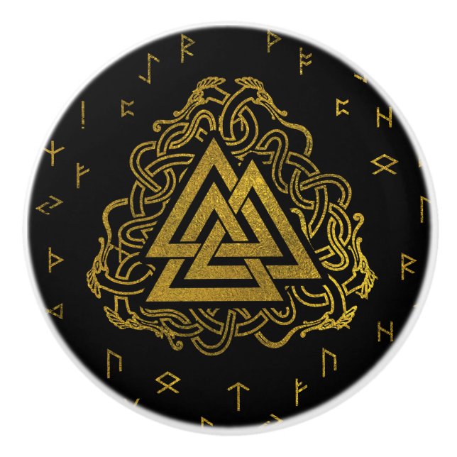 Gold Valknut Symbol on Runes Pattern Ceramic Knob (Front)