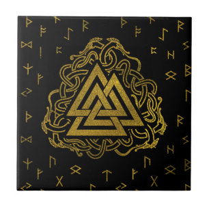 Gold Valknut Symbol on Runes Pattern Tile