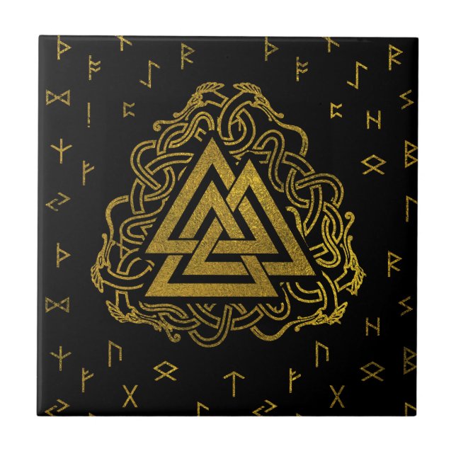 Gold Valknut Symbol on Runes Pattern Tile (Front)