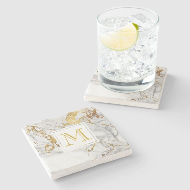 Gold Vein Marble Monogram Stone Coaster (Side)