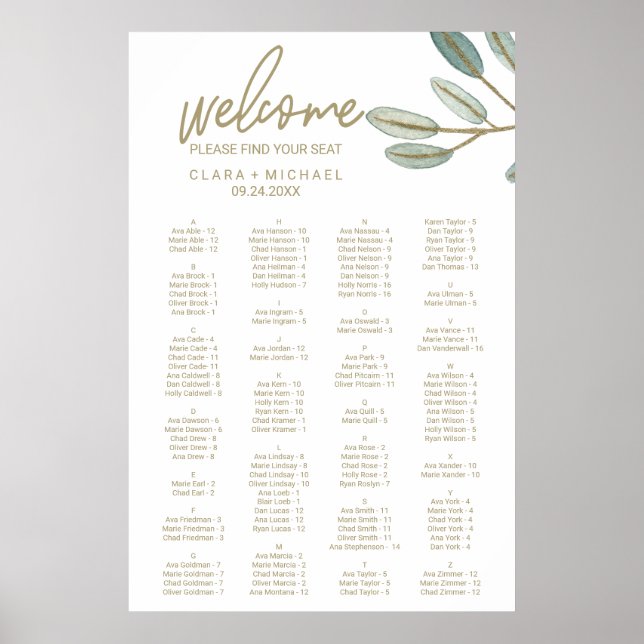 Gold Veined Eucalyptus Alphabetical Seating Chart (Front)