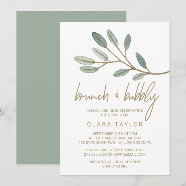 Gold Veined Eucalyptus Brunch and Bubbly Invitation (Front/Back)
