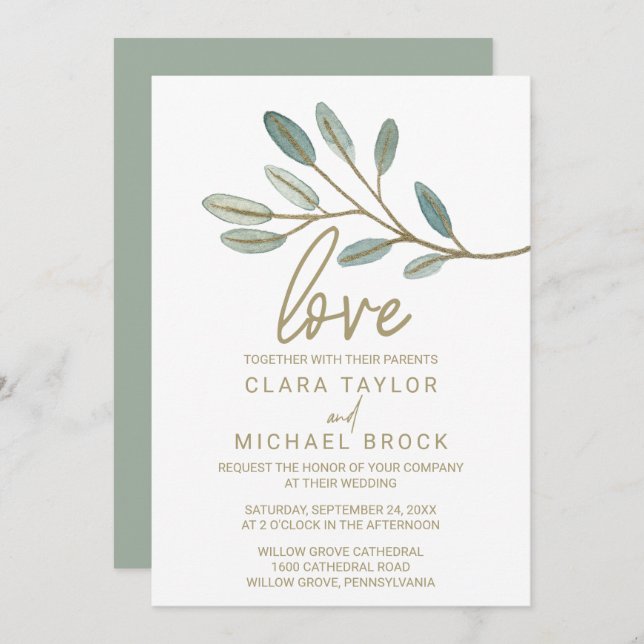 Gold Veined Eucalyptus Love Wedding Invitation (Front/Back)