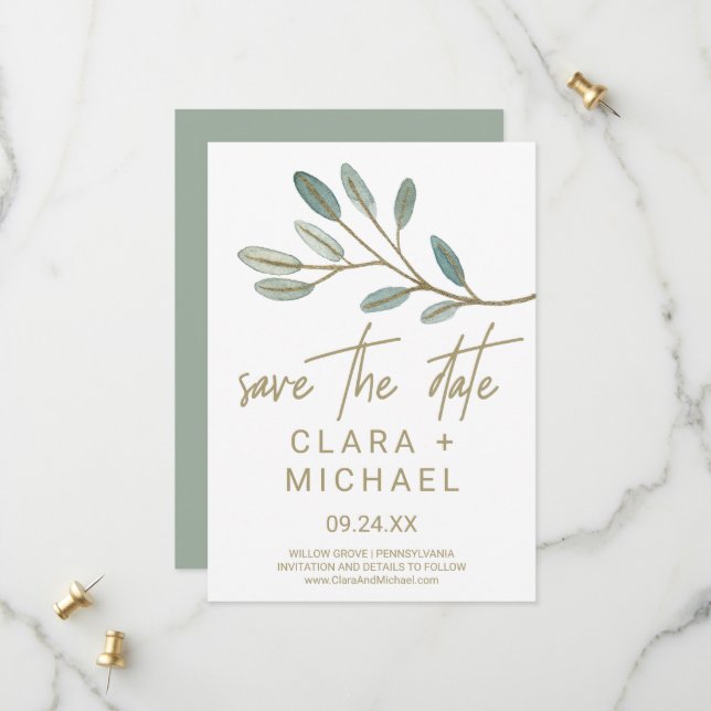 Gold Veined Eucalyptus Save the Date Card (Front/Back In Situ)