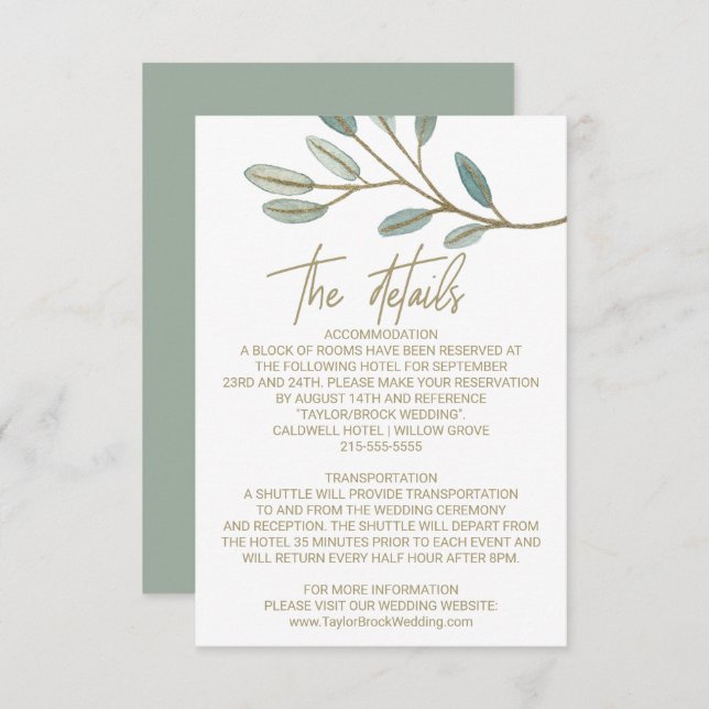 Gold Veined Eucalyptus Wedding Details Card (Front/Back)
