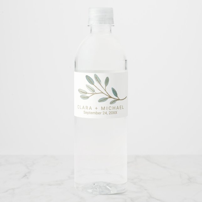 Gold Veined Eucalyptus Wedding Water Bottle Label (Front)