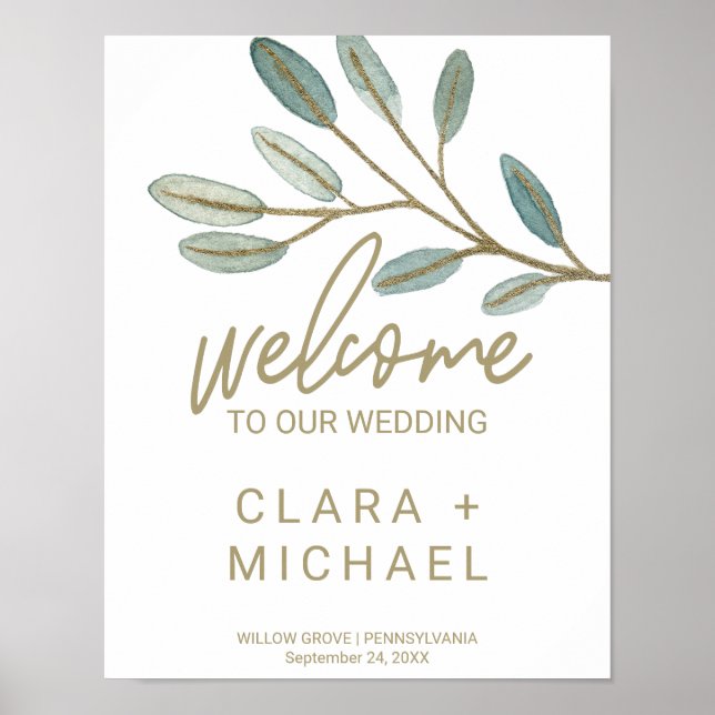 Gold Veined Eucalyptus Welcome Wedding Poster (Front)
