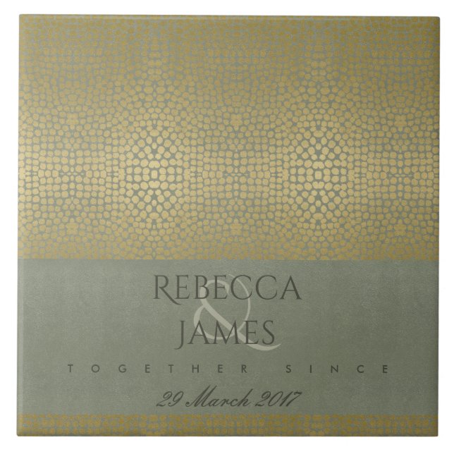 GOLD VELVET GREY MOSAIC DOTS SAVE THE DATE GIFT TILE (Front)