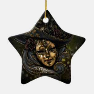 Gold Venetian carnival mask with blue hat Ceramic Ornament