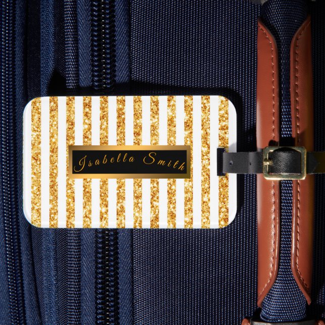 Gold Vertical Glitter Boho Stripes Collection Luggage Tag (Front Insitu 4)