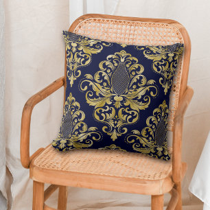 Gold Victorian Damask Pattern on Blue Throw Pillow