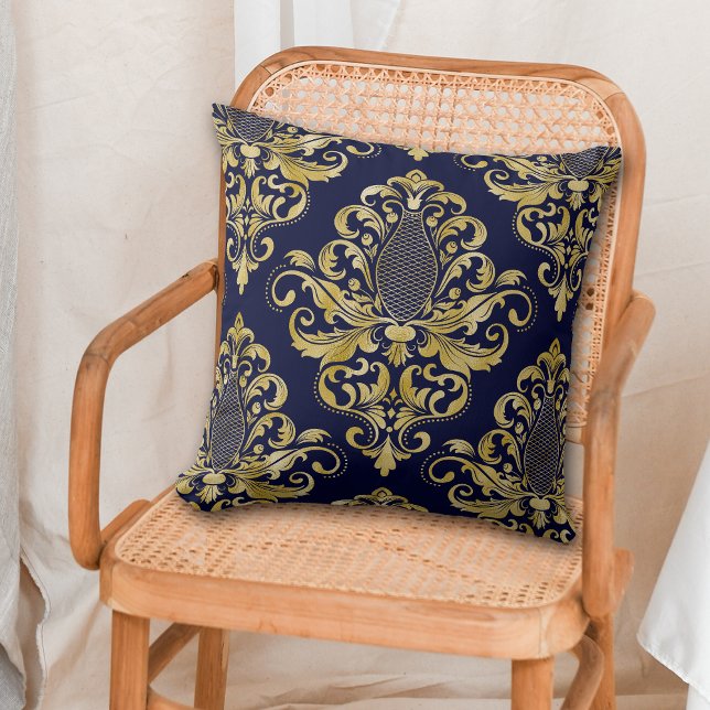 Gold Victorian Damask Pattern on Blue Throw Pillow (Creator Uploaded)
