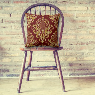 Gold Victorian Damask Pattern on Maroon Red Throw Pillow
