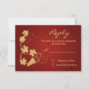 Gold vine leaves on red damask RSVP Invitation