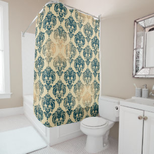 Gold & Vintage Blue Rustic Modern Glam Damask