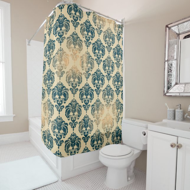 Gold & Vintage Blue Rustic Modern Glam Damask (In Situ)
