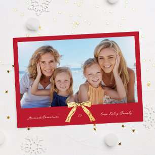 gold vintage bow red merriest christmas photo foil holiday card