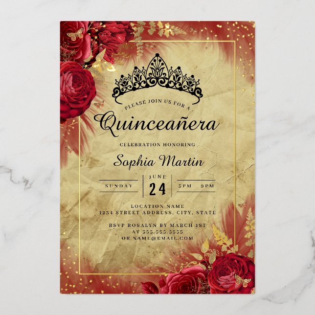 Gold Vintage Butterfly Red Floral Quinceanera  (Front)
