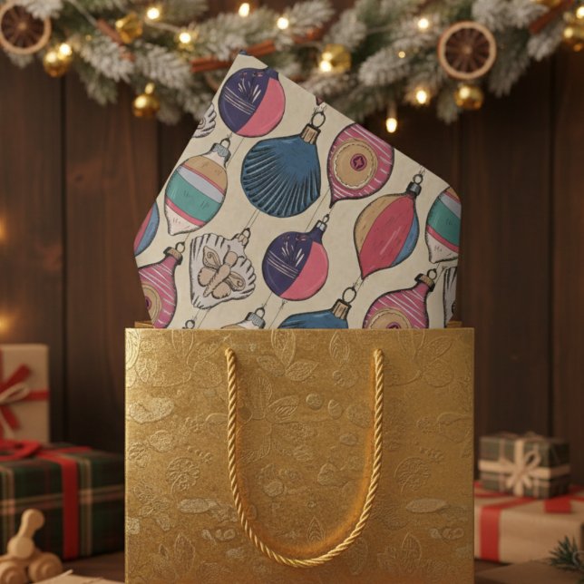 Gold Vintage Christmas Ornaments Pattern Tissue Paper (Retro Vintage Ornaments Christmas Tissue Paper. Red & Gold Old Fashioned Christmas Ornament Pattern)