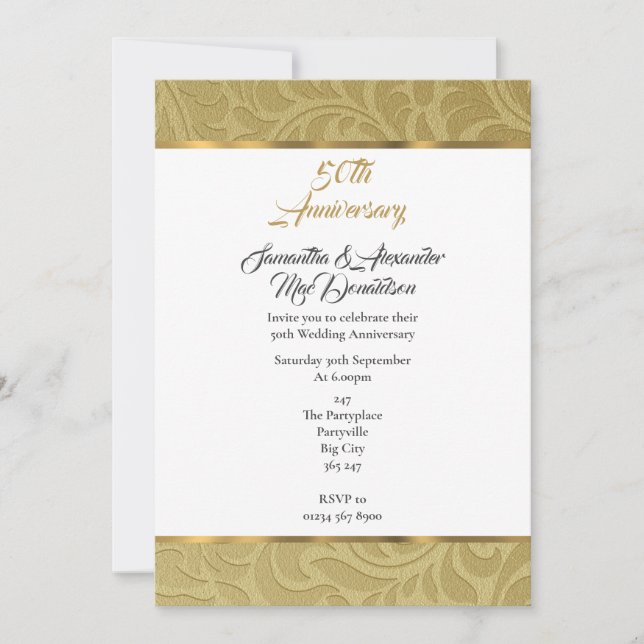 Gold vintage damask 50th wedding anniversary invitation (Front)