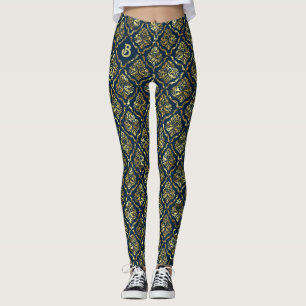 Gold vintage damasks pattern on dark blue leggings