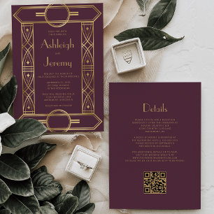 Gold Vintage Deco Frame Burgundy QR Code Wedding Invitation