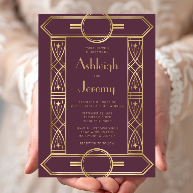 Gold Vintage Deco Frame Burgundy Wedding Invitation (Creator Uploaded)