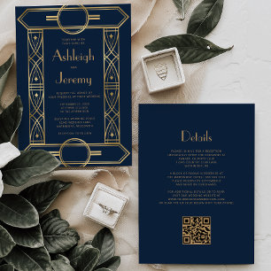 Gold Vintage Deco Frame Navy Blue QR Code Wedding Invitation