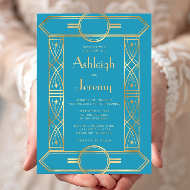 Gold Vintage Deco Frame Turquoise Wedding Invitation (Creator Uploaded)