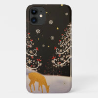 Gold Vintage Deer Family in Snowy Christmas Forest