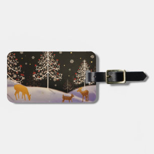 Gold Vintage Deer Family in Snowy Christmas Forest Luggage Tag