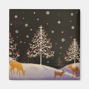 Gold Vintage Deer Family in Snowy Christmas Forest Magnet