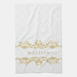 Gold Vintage Floral Swirls Frame Kitchen Towel