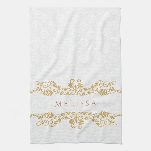 Gold Vintage Floral Swirls Frame Kitchen Towel (Vertical)