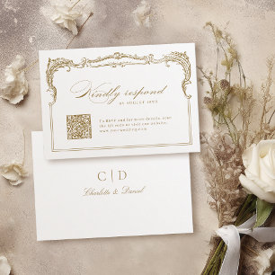 Gold Vintage Frame Classic Script QR code wedding RSVP Card