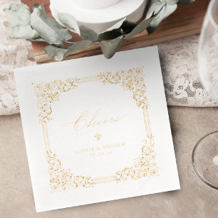 Gold Vintage Frame Elegant Cheers Wedding Foil Napkins