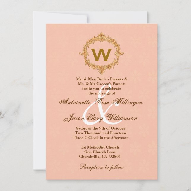 Gold Vintage Frame Peach Monogram Wedding Invitation (Front)