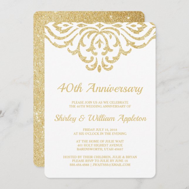 Gold Vintage Glam Elegant 40th Wedding Anniversary Invitation (Front/Back)
