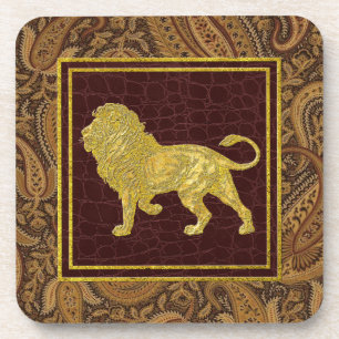 Gold Vintage Lion Paisley and Leather Patterns Coaster