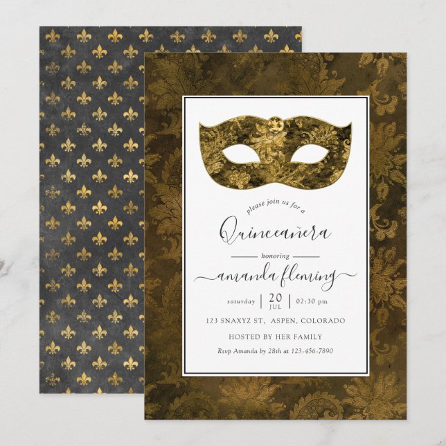 Gold Vintage Masquerade Quinceañera Invitation (Front/Back)