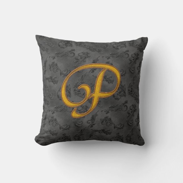 Gold Vintage Rose P Throw Pillow (Front)