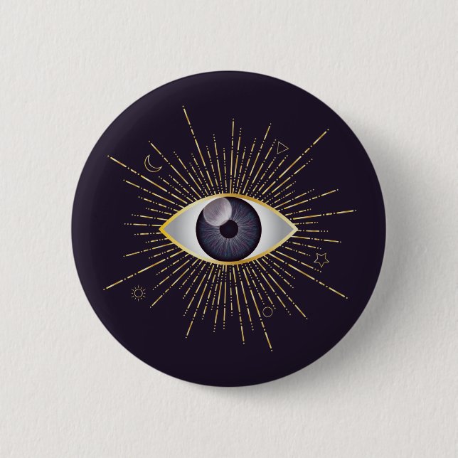 Gold & Violet Mystic Evil Eye Nazar Mati 2 Inch Round Button (Front)