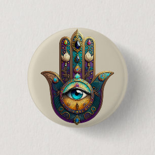 Gold Violet Teal Hamsa w/ Turquoise Third Eye 1 Inch Round Button