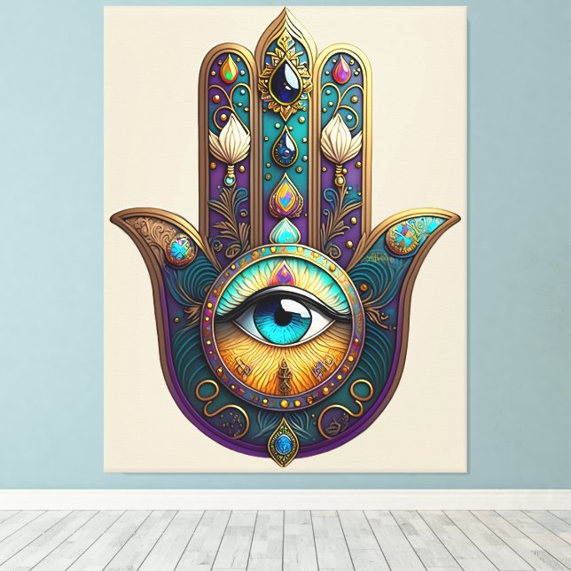 Gold Violet Teal Hamsa w/ Turquoise Third Eye Canvas Print (Insitu(Wood Floor))