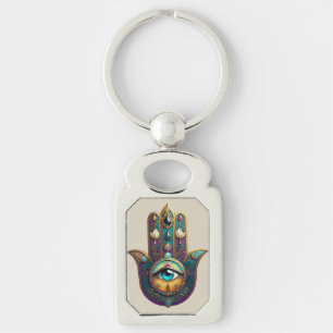 Gold Violet Teal Hamsa w/ Turquoise Third Eye Keychain