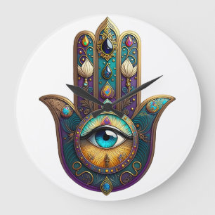 Gold Violet Teal Hamsa w/ Turquoise Third Eye Large Clock