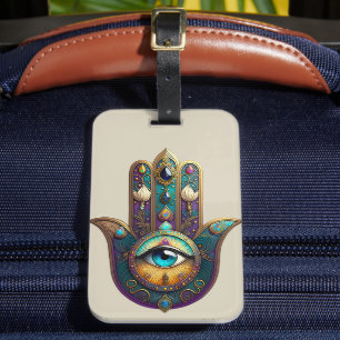 Gold Violet Teal Hamsa w/ Turquoise Third Eye Luggage Tag